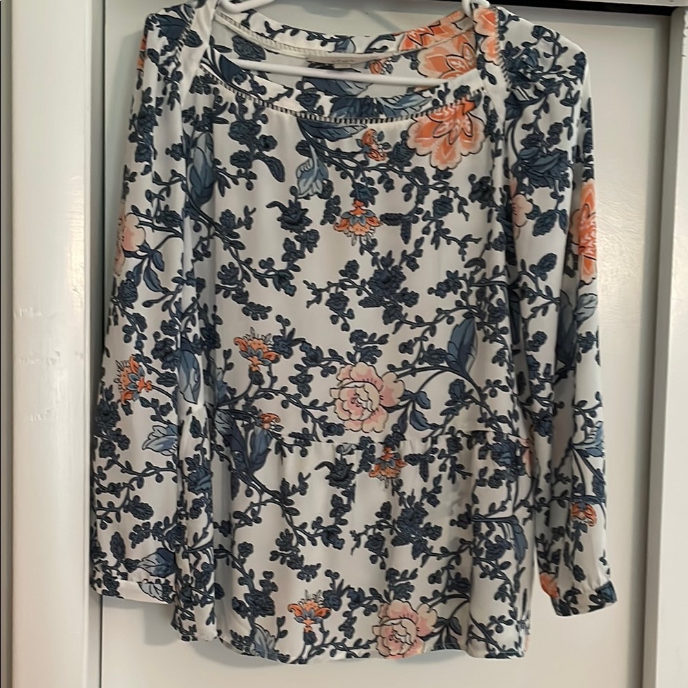 LOFT White & Blue Floral Ruffled Peplum Blouse